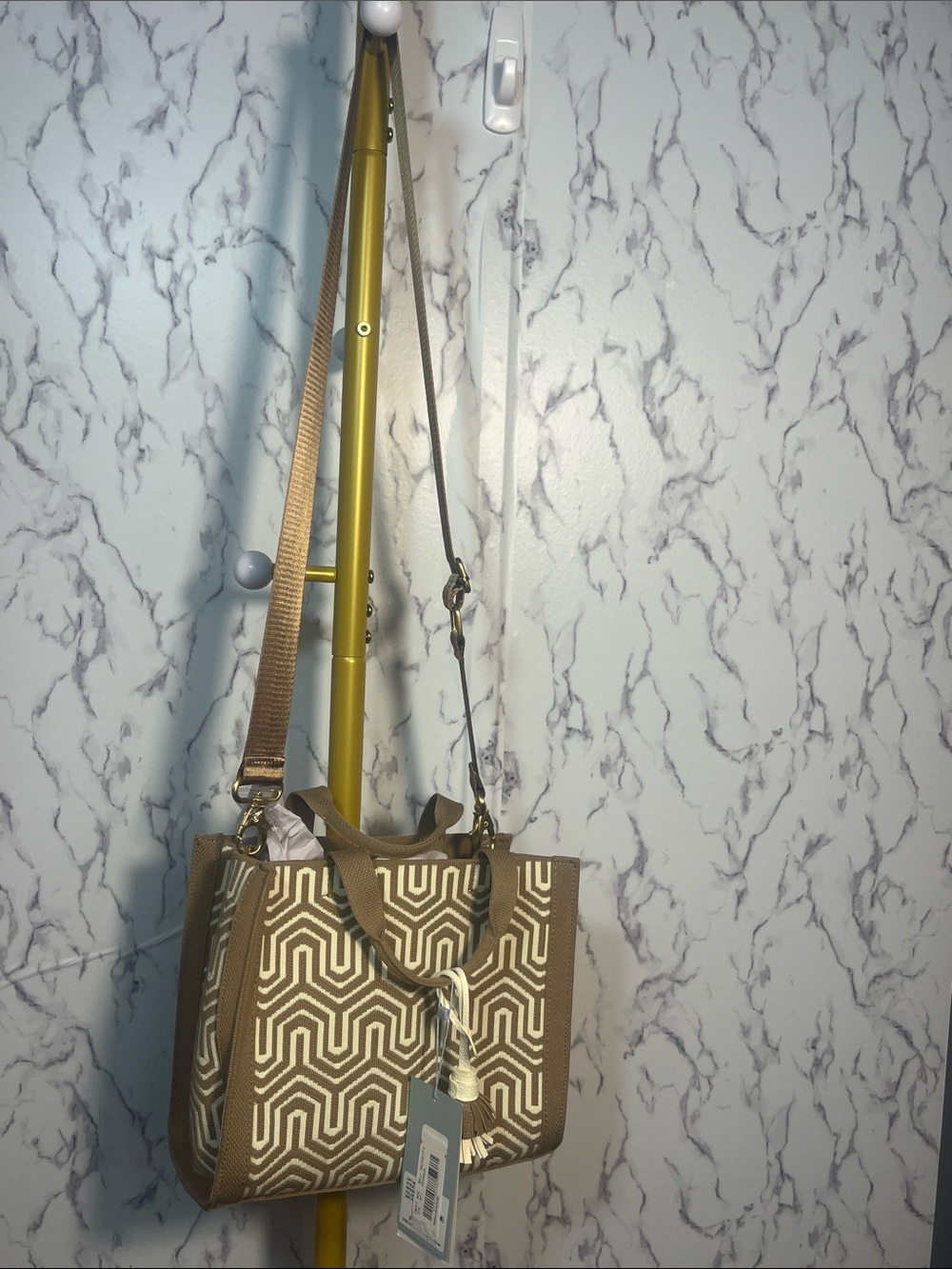 ANTONIO MELANI Cream and Brown Geometric Canvas Tote with Strap